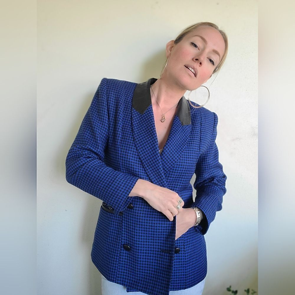 Sebastian Wool + Leather Vintage Houndstooth Blazer S-M - Picture 8 of 15